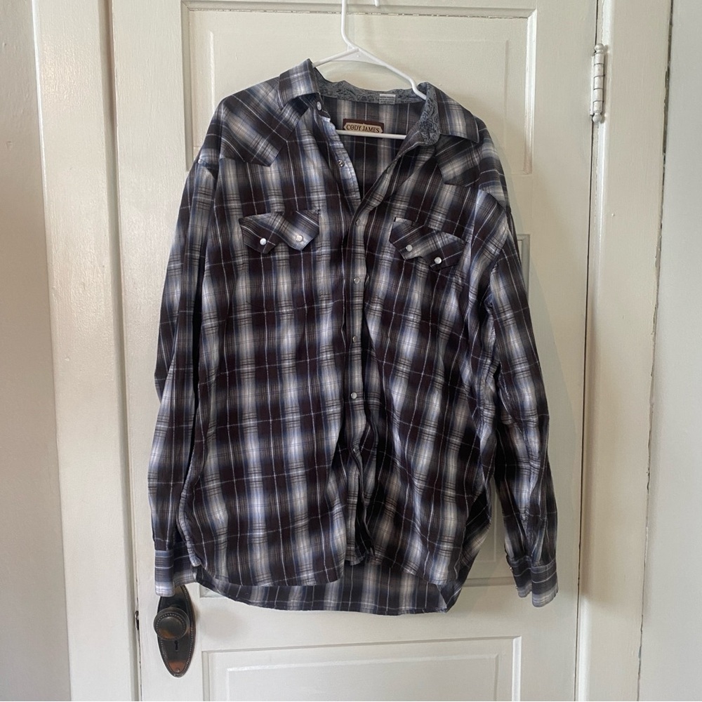 CODY JAMES Western Pearl Snap Long Sleeve-Blue Brown Plaid-Men XXL